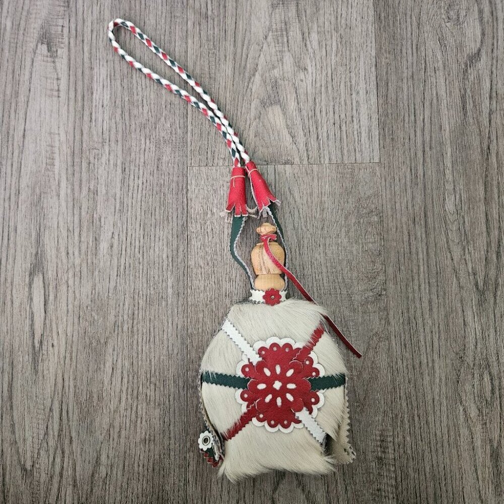 Vintage Hungarian Leather & Cowhide Decorative Canteen Flask – Red Green White